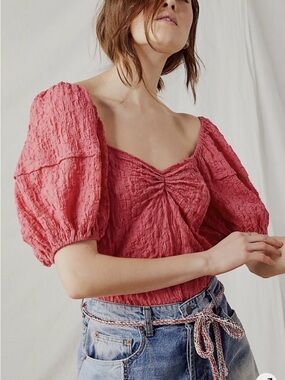 Free People Rose Pink Textured Puff-Sleeve Cropped Top